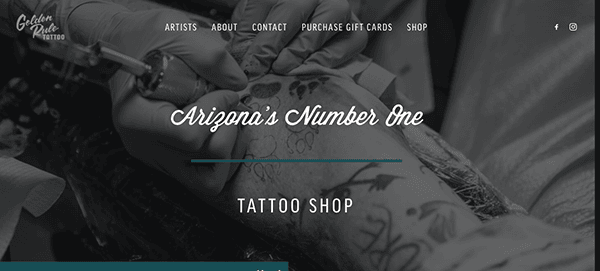 A tattoo artist inking a client's arm at a tattoo shop, with text overlay reading "arizona's number one tattoo shop.