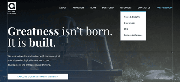 Homepage of a corporate website with a header stating "Greatness isn't born. It is built." and an image of a chessboard in the background.