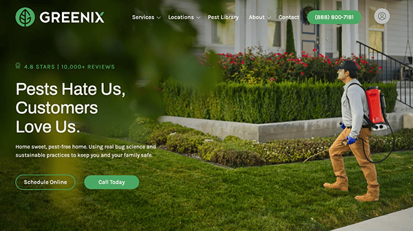 A lawn care professional with a red spray backpack sprayer walks on a neatly trimmed lawn in front of a house. The website text includes "Pests Hate Us, Customers Love Us" and options to schedule online or call.