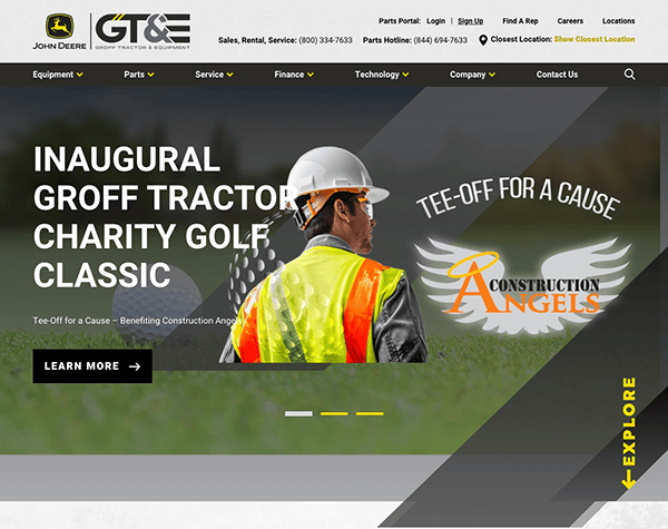 Website homepage for groff tractor featuring a banner promoting a charity golf event, with a construction worker in high-visibility gear.