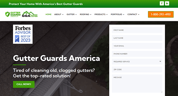 Homepage for Gutter Guards America featuring standout gutter website designs, a contact form, company logo, Forbes Advisor badge, and a clear call-to-action about effective gutter cleaning solutions.