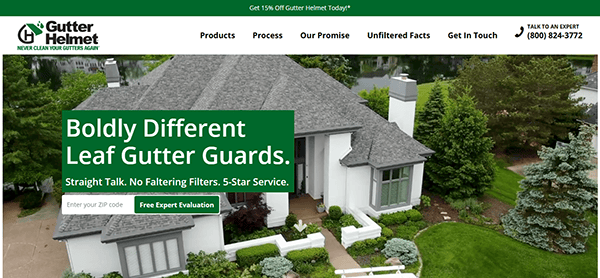 Aerial view of a house with landscaping, overlaid with Gutter Helmet branding and a banner promoting leaf gutter guards, a free expert evaluation offer, and inspiration from the best gutter websites and modern gutter web design.