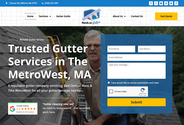 Homepage features a professional worker with tools, a contact form, company logo, and top navigation menu—an example of gutter website designs that showcase quality service and user-friendly layout.