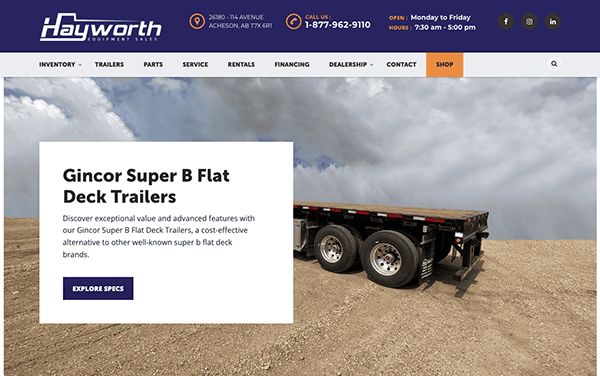 Webpage of hayworth trailers featuring information on gincor super b flat deck trailers with a background image of a flatbed trailer under a cloudy sky.