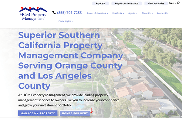 Website homepage of HCM Property Management featuring an aerial view of a suburban area, with overlay text about services in Southern California and navigation menus.
