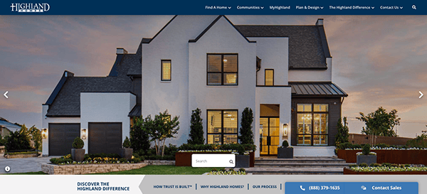 A modern, two-story house with large windows and a well-manicured front yard. The home is featured on the Highland Homes website, with navigation links and a search bar visible.