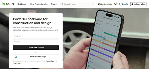 Person holding a smartphone displaying a colorful project management calendar with top kitchen design websites; Houzz Pro software sign-up form appears on the left side of the screen.