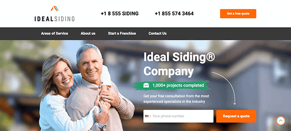 Screenshot of Ideal Siding website homepage, featuring an older couple smiling, company logo, phone numbers, and clear buttons—perfect for siding design inspiration or exploring the best siding websites.