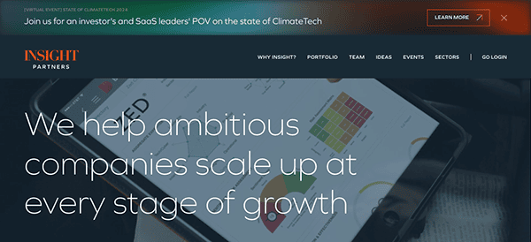 Website homepage of Insight Partners displaying text "We help ambitious companies scale up at every stage of growth" over an image of a person using a tablet with graphs.