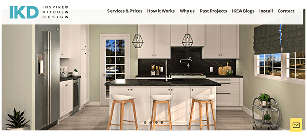 Modern kitchen design featuring white cabinetry, a central island with bar stools, stainless steel appliances, and pendant lighting. The logo "Inspired Kitchen Design" is at the top left.