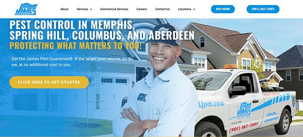 Pest control technician stands in front of a house and a pest control truck with a "James Pest Management" logo. Text advertises pest control services in Memphis, Spring Hill, Columbus, and Aberdeen.
