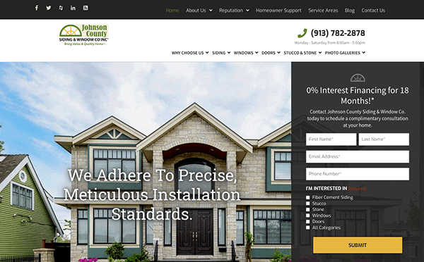 Screenshot of Johnson County Siding & Window Co. homepage, showcasing a modern house, contact form, and sleek navigation menu—an example of top Siding website designs for siding and window installation services.