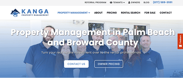 Website banner for Kanga Property Management featuring a group of smiling professionals in front of a building, with text about their services in Palm Beach and Broward County.