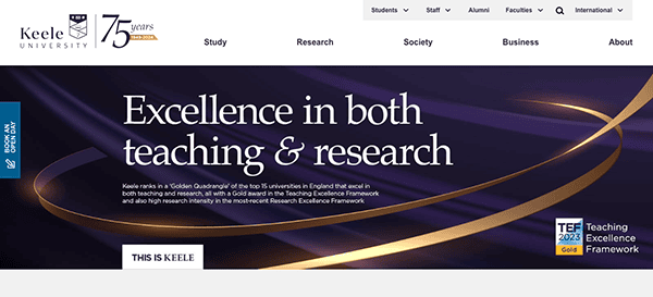 Website header for keele university featuring a logo celebrating 75 years and text highlighting excellence in teaching and research.