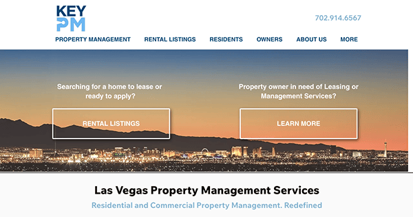 Website homepage for Key PM, featuring options for property management services in Las Vegas with a cityscape background. Two buttons: "Rental Listings" and "Learn More.