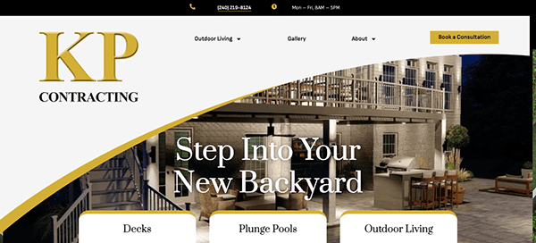 Screenshot of a website for KP Contracting with sections on decks, plunge pools, and outdoor living. The header shows contact information and a button to book a consultation.
