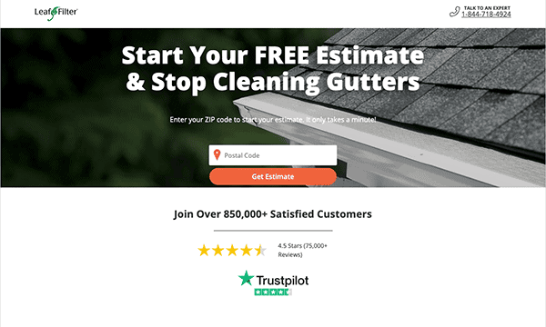 A website page offering free estimates for gutter cleaning services, featuring a shingled roof, a postal code entry field, and customer ratings with Trustpilot endorsement—perfect for those seeking the best gutter websites and gutter design inspiration.