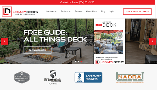 A website homepage for Legacy Decks featuring text about a free guide for decks, various project images, and certification logos at the bottom. Top contains contact information and navigation links.