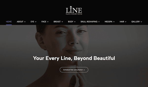 A professional website header with a serene woman touching her jawline, featuring tabs and the slogan "Your Every Line, Beyond Beautiful".