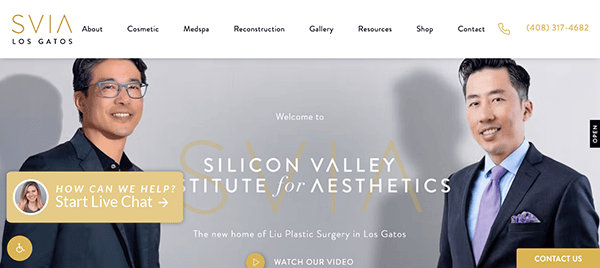 Two smiling Asian men on a website banner for Silicon Valley Institute for Aesthetics with clickable options for live chat and contact information.