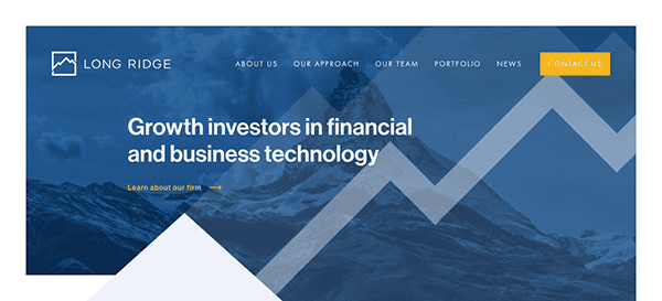 Website banner for "Long Ridge" featuring a mountainous background and text "Growth investors in financial and business technology" with a blue overlay and menu options.