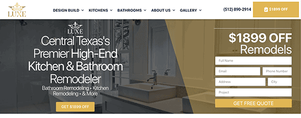 Website banner for Luxe kitchen and bathroom remodeling, featuring $1899 off remodels with a contact form on the right and a modern bathroom image in the background—perfect inspiration for those seeking the best kitchen designs.