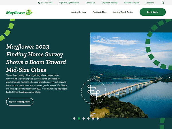 Mayflower website displaying "Mayflower 2023 Finding Home Survey," highlighting growth in mid-size cities with a background image of a bridge over a body of water. Featured is a button labeled "Explore Finding Home.