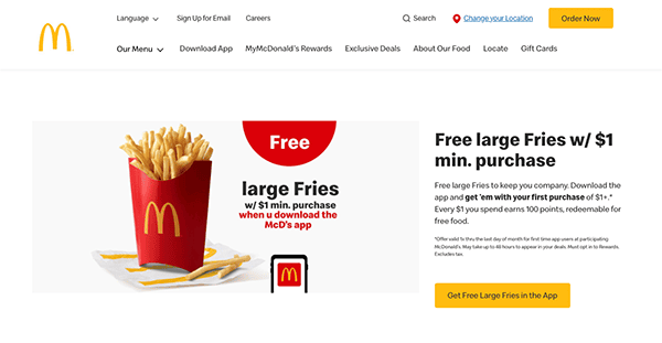 Mcdonald's promotional webpage featuring an offer for free large fries with a $1 minimum purchase through the mcdonald's app, including a vivid image of fries.
