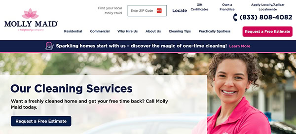 Molly maid website homepage featuring a smiling woman in a company uniform, with text about cleaning services and contact information.