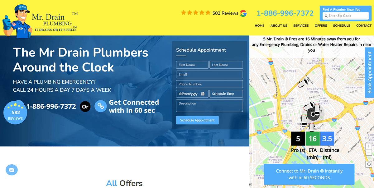 Screenshot of one of the best plumbing websites, featuring a blue and yellow theme, contact info, an appointment form, a Google map with arrival estimate, and customer reviews with star ratings.