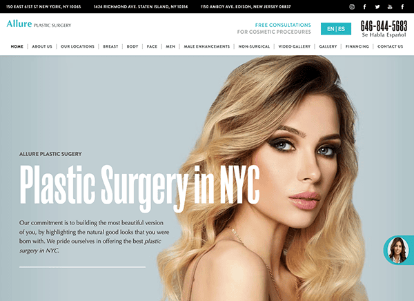 A woman with styled blonde hair and makeup appears in a promotional banner for Allure Plastic Surgery in NYC.
