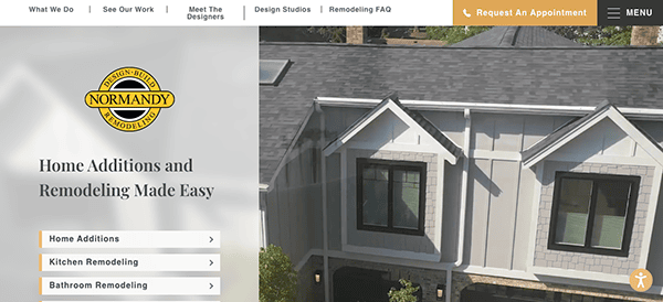 The image shows a webpage for Normandy Remodeling, featuring a house, menu options for various remodeling services, and buttons for requesting an appointment and navigating the site.