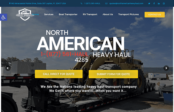 Website homepage of north american heavy haul featuring a background image of a large truck carrying heavy equipment, with options to call or submit a form for a quote.
