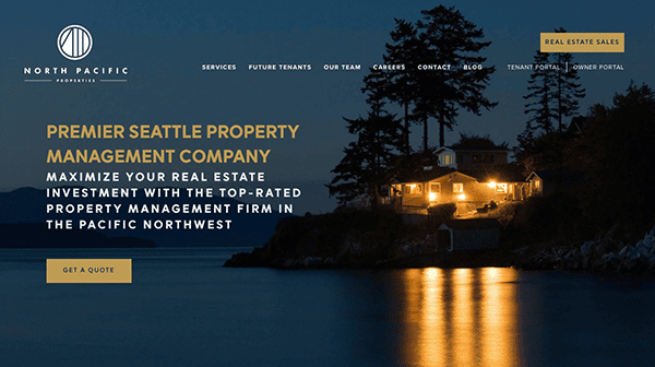 Website homepage of North Pacific Premier Management Company featuring an evening view of a lit-up house by the water, with navigation options like services, team, and real estate sales.