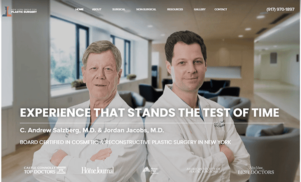 Two male doctors in white coats stand side by side in a modern medical office, with text overlay highlighting their cosmetic and reconstructive plastic surgery practice—one of New York’s best plastic surgeon website designs.