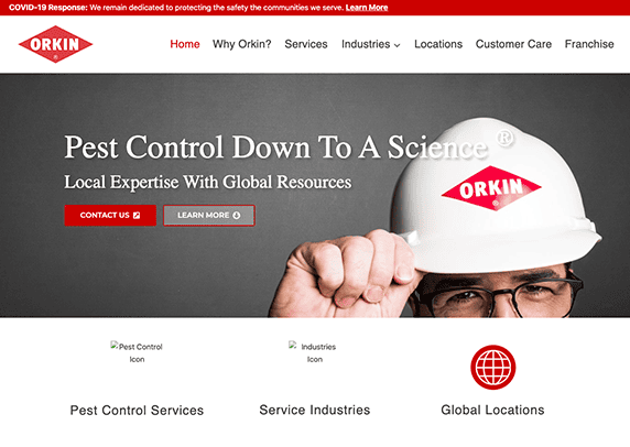 Website homepage for Orkin, a pest control service, featuring a person in a hard hat, navigation menu options, and a COVID-19 response message.