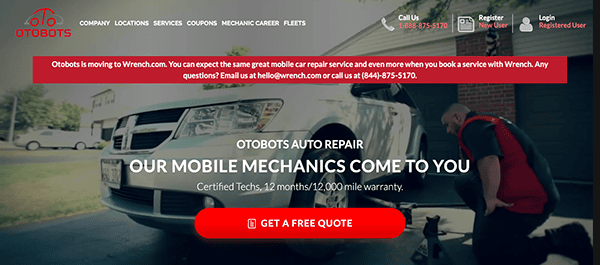 A mechanic in red and black uniform inspects a white vehicle's front wheel in a residential driveway. The image promotes Otobots' mobile auto repair service, which is transitioning to Wrench.com.