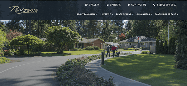 A well-maintained, tree-lined street in a residential area with a person walking dogs and a building in the background. The banner at the top has navigation links and contact information for Panorama.