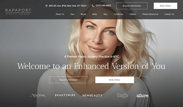 Website homepage of Rapaport Plastic Surgery featuring a smiling blonde woman with the text "Welcome to an Enhanced Version of You.