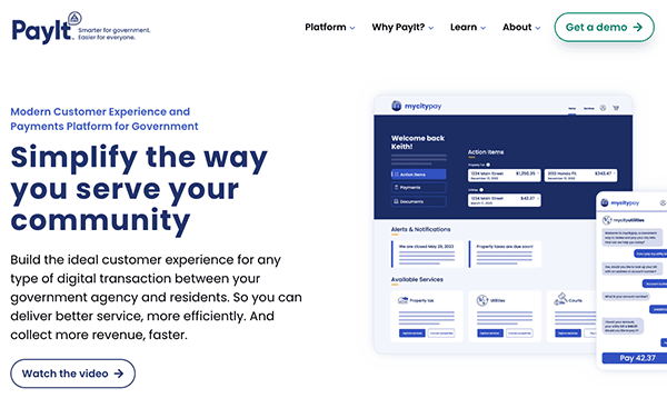 A screenshot of the payit website promoting simplified payment solutions for government communities, showcasing a user interface on a computer screen.
