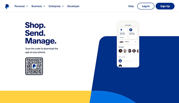 Web page design for a mobile app featuring a "shop. send. manage." headline, a qr code to download the app, and a screenshot of the app on a smartphone.