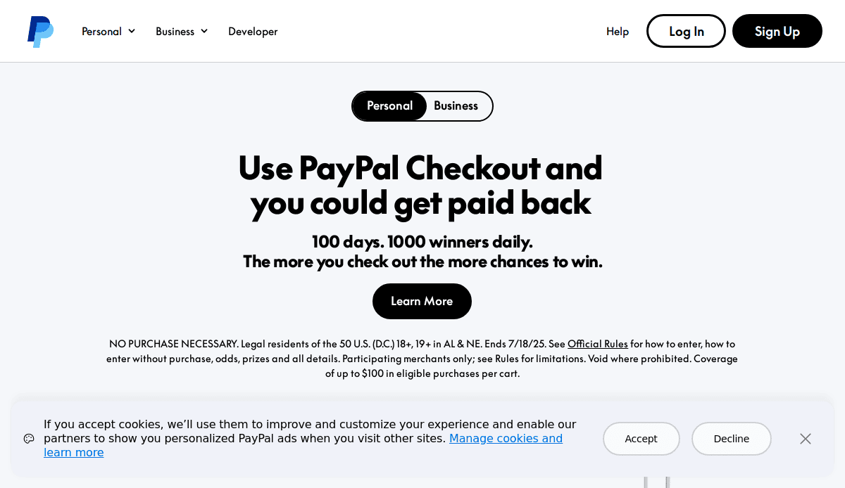 Screenshot of a PayPal webpage highlighting PayPal Checkout, featuring smart conversion tactics and modern Fintech website design. The headline invites users to get paid back, with visible Learn More, Personal, and Business buttons for seamless UX.