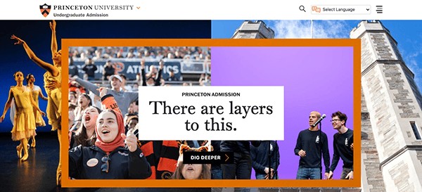 Website banner for princeton university featuring a collage of student activities and landmarks with text "there are layers to this. dig deeper.