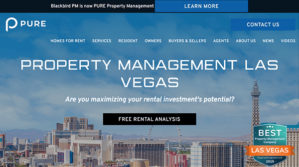 Screenshot of the homepage for Pure Property Management in Las Vegas, featuring a cityscape background with the text "Property Management Las Vegas" and a "Free Rental Analysis" button.