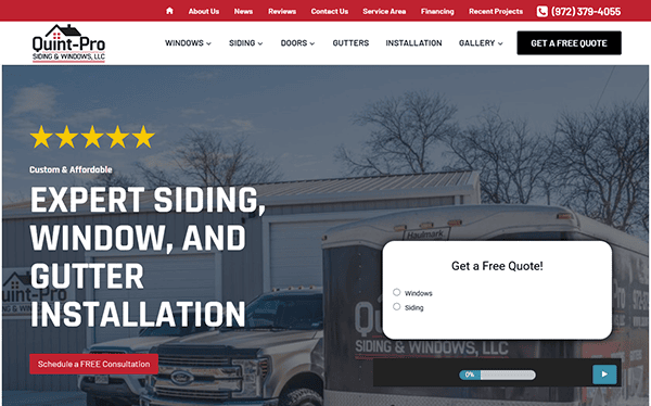 Homepage of Quint-Pro Siding & Windows, LLC featuring siding website design inspiration and options to schedule a consultation or get a free quote for siding, window, and gutter installation services.