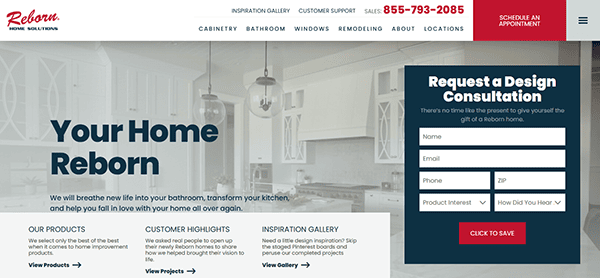 A kitchen remodeling website homepage featuring a consultation request form on the right and a headline that reads "Your Home Reborn" over an image of one of the best kitchen designs showcased on leading kitchen design websites.