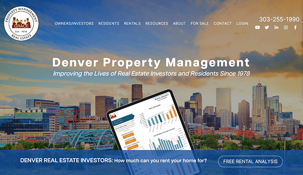 Website homepage of Denver Property Management featuring a cityscape, contact information, and an interactive dashboard on a tablet.