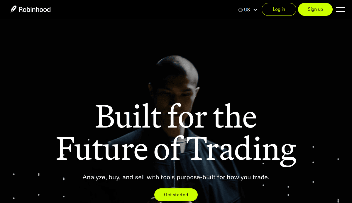 A dark-themed fintech website design for Robinhood’s homepage shows a person in shadow with bold white text: Built for the Future of Trading. UX-focused buttons for Get started, Log in, and Sign up are visible at the top.
