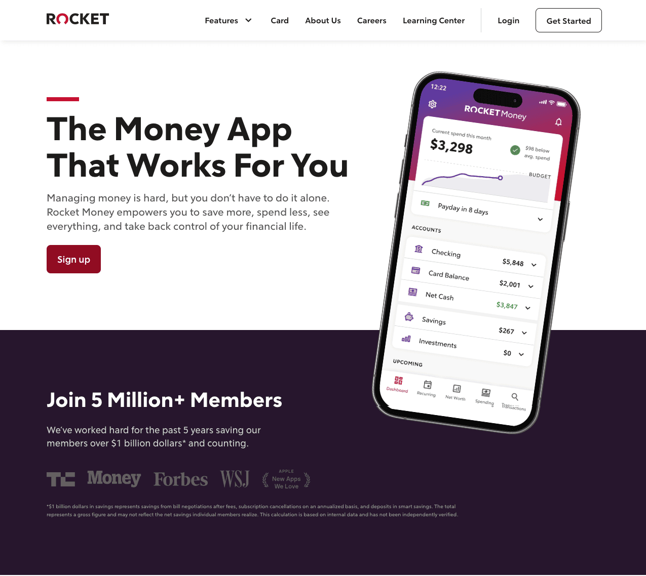 Promotional webpage for a finance management app, featuring sections on benefits, user testimonials, feature list, and a download guide with phone screenshots.