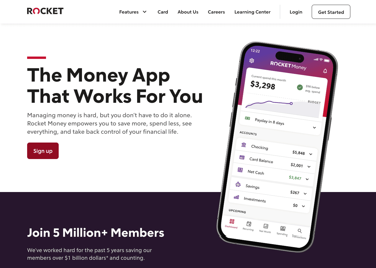 Promotional webpage for a finance management app, featuring sections on benefits, user testimonials, feature list, and a download guide with phone screenshots.
